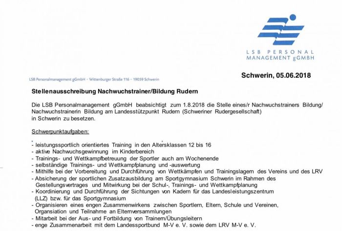 Ausschnitt aus der Stellenausschreibung, Nachwuchstrainer Rudern Schwerin.