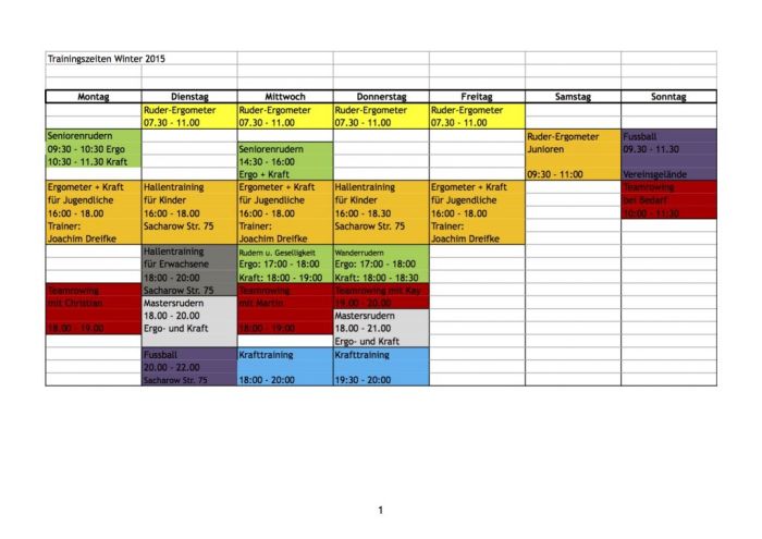 Ansicht des Wintertrainingsplans 2015/2016