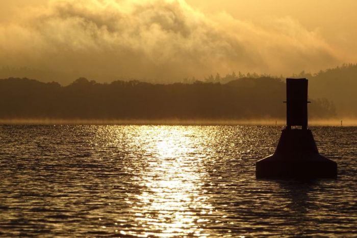 Sonnenaufgang mit goldbraunem Wolkenspiel über dem Schweriner See.
